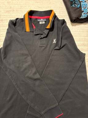 Psycho Bunny Men's Long Sleeve Pique Polo Shirt Navy Blue Size 6 (L)